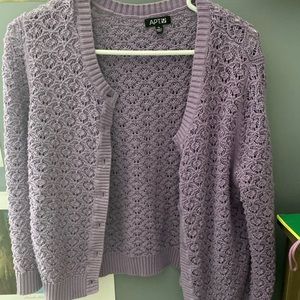open knit crocheted design lavender sweater